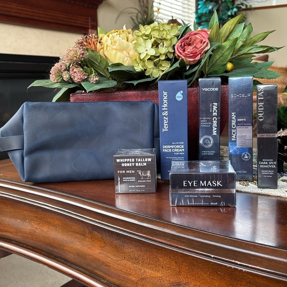 Brand New Genuine Leather Blue Mens Dopp Kit w/ Face Cream Tallow Balm Eye Masks